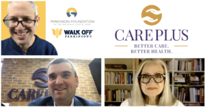 Video screen showing participants in a conversation about Parkinson's disease. The CarePlus logo is also shown.